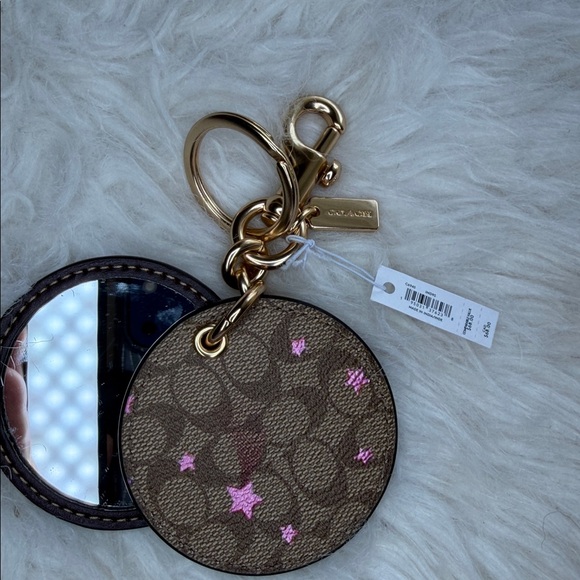 Coach NWT authentic leather keychain or bag charm mirror if open brown with pink - Picture 2 of 5